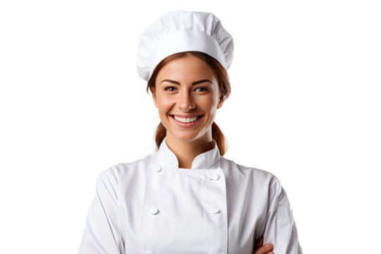 Portrait of young chef woman with uniform and cap posting with happy smile isolated on transparent background.