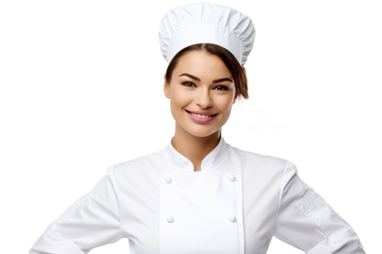Portrait of young chef woman with uniform and cap posting with happy smile isolated on transparent background.