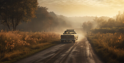 car on the road, a pickup truck driving down a country road on a hazy m - obrazy, fototapety, plakaty