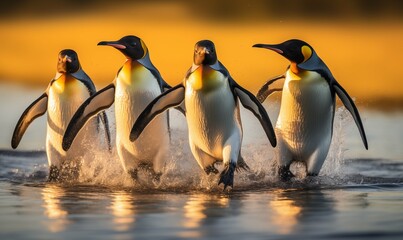 King penguins (Aptenodytes patagonicus) coming out of the water