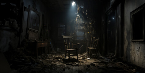 old abandoned chair, a chair dark room with limited lighting with a broken
