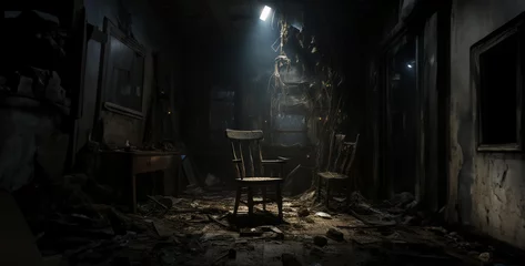 Crédence de cuisine en verre imprimé Vielles portes old abandoned chair, a chair dark room with limited lighting with a broken