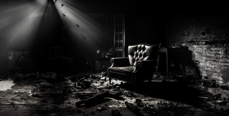 a chair dark room with limited lighting with a broken