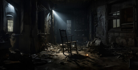 a chair dark room with limited lighting with a broken