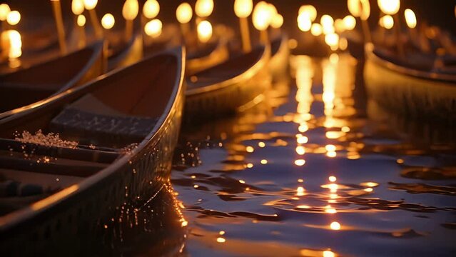 Closeup of a rowboats wooden oars slicing through the reflection of the moon and candles, creating a mesmerizing ripple effect.