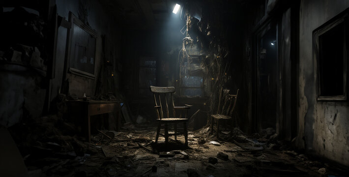 old abandoned chair, a chair dark room with limited lighting with a broken