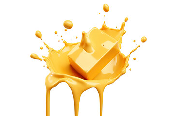 Piece of Cheese with drip and melting sauce splashing isolated on transparent png background, cheese slice with liquid swirl, ingredients for making food. - obrazy, fototapety, plakaty