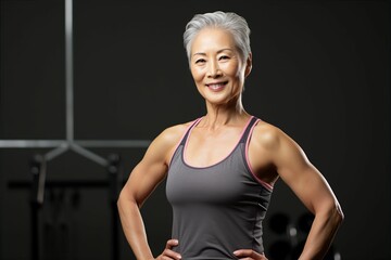 体を鍛えている日本人シニア女性（背景あり・筋トレ・筋肉・フィットネス・ヘルスケア） 