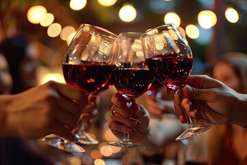 a group of people hold wine glasses with their hands, in the style of maroon, lively tableaus,...