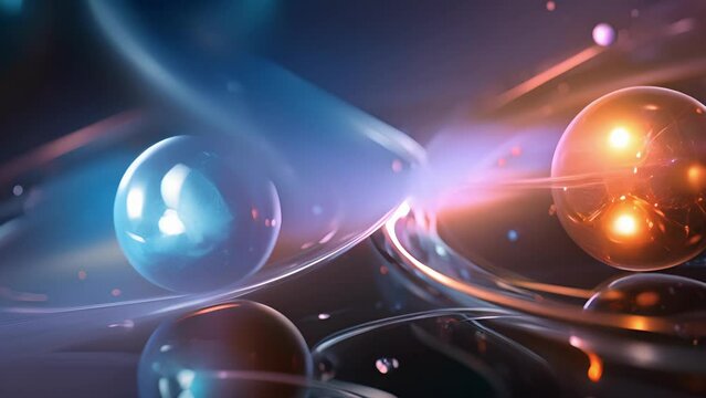 A closeup of two identical atoms hovering side by side, representing the notion of parallel universes where minor variations in particles could lead to vastly different universes.