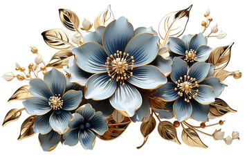3d wallpaper, gold and blue flowers isolated on a Transparent background. Generative AI - obrazy, fototapety, plakaty