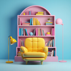 Bookcase with armchair in pop art yellow pink blue