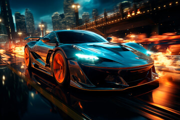 Fototapeta premium Sports Car, Bright City, Burning Night