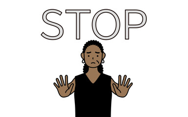 African-American senior woman with her hands out in front of her body, signaling a stop.