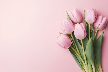 Bouquet of pink tulips flowers on background. Valentine's Day, Flat lay, top view