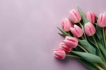 Fototapeta premium Bouquet of pink tulips flowers on background. Valentine's Day, Flat lay, top view