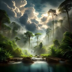 a beautiful jungle with heavy spring water real picture of the Amazon, clouds in the sky
