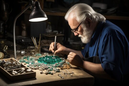 A jeweler examining a gemstone, depicting precision, luxury, and fine craftsmanship.