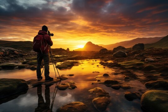 A landscape photographer capturing a sunrise, representing passion, art, and exploration.