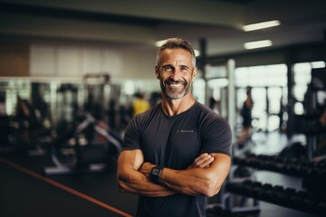 Portrait of a dynamic fitness coach in a gym, motivational and energetic.