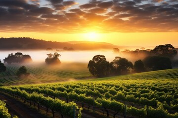 Fototapeta premium A picturesque vineyard at sunrise with rows of grapevines and mist.