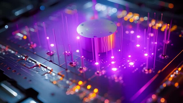 A magnified view of a quantum bit, or qubit, showing its ability to store multiple states at once and revolutionize traditional binary computing.