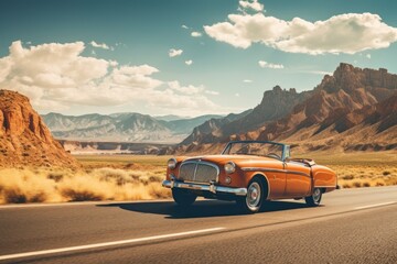 A vintage car on a scenic road trip, evoking nostalgia, freedom, and adventure.