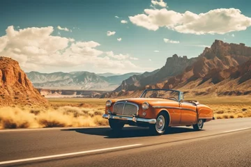 Fototapeten A vintage car on a scenic road trip, evoking nostalgia, freedom, and adventure. © Jelena
