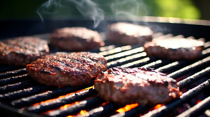 Hamburgers cooking on the BBQ, Barbecue Grill, Barbecue, Meal, Grilled, Burger. AI Generative - obrazy, fototapety, plakaty