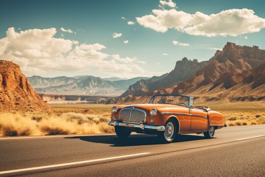 Fototapeta A vintage car on a scenic road trip, evoking nostalgia, freedom, and adventure.