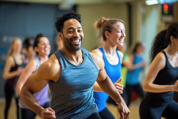 Energetic fitness class with people exercising and a motivating instructor, health and vitality.