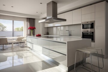 Modern kitchen interior with sleek appliances and a clean design.