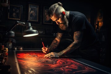 Portrait of a creative tattoo artist at work, unique and artistic. - obrazy, fototapety, plakaty