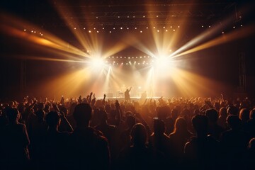 Concert with silhouettes of people clapping in front of a big stage with spotlights View of the...