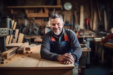 Portrait of a skilled craftsman in a woodworking studio, precision and artistry.