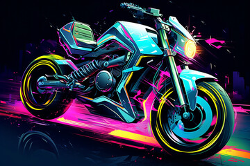 Cruise into the future with this captivating image of a fantasy motorbike adorned with neon lights,...