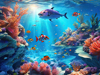 Fototapeta na wymiar a many fish swimming in the ocean with corals