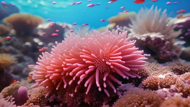 A coral reef closeup, with small crown of thorns starfish dotted throughout, showcasing the damaging effects of this invasive species on coral and marine life in the area.