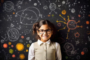 little girl standing over blackboard background - obrazy, fototapety, plakaty