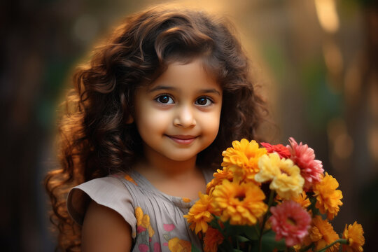 indian little girl holding flower bouquet