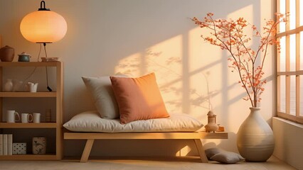 Closeup of a cozy reading nook in a Japanese minimalist studio, decorated with Peach Fuzz cushions and a sleek floor lamp.