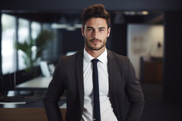 Fototapeta premium Portrait of a young professional in a modern office, confident and successful