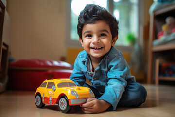 indian cute baby boy playing with car toy