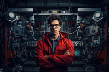 Portrait of a young, innovative engineer with technical equipment, skilled and analytical.