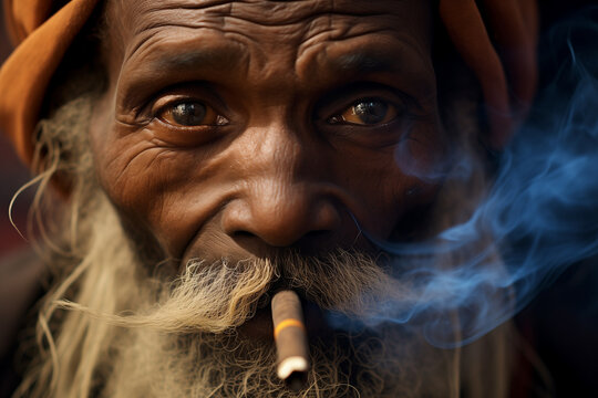 Gros plan d'un vieil homme d'origine indienne qui fume, la fum&eacute;e de cigarette s'&eacute;l&egrave;ve depuis sa barbe fournie