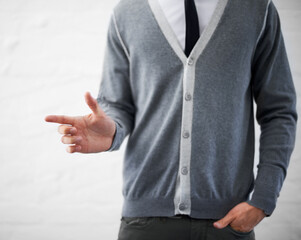 Person, hand and businessman in fashion, loser emoji and sign for mistake, professional and...