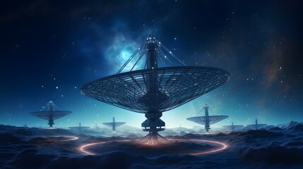 Futuristic Satellite Communication Array Transmitting Data in Space. Astronomy. A large satellite dish transmits and receives a signal from space. - obrazy, fototapety, plakaty