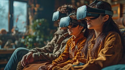 Asian family using virtual reality headsets while lounging on the sofa in the living room, enjoying games and innovative technology. 