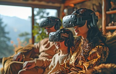 Asian family using virtual reality headsets while lounging on the sofa in the living room, enjoying games and innovative technology. 