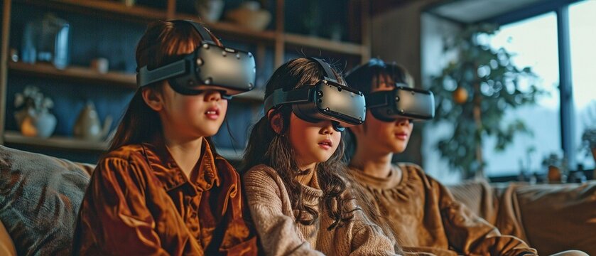Asian family using virtual reality headsets while lounging on the sofa in the living room, enjoying games and innovative technology. - Powered by Adobe